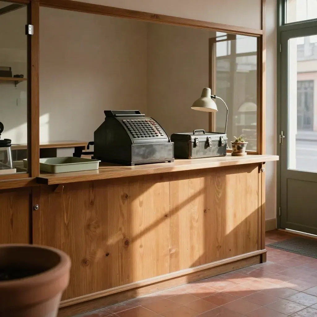 Atelier de TPE avec comptoir bois, caisse fermée, boîte à outils et lampe industrielle.