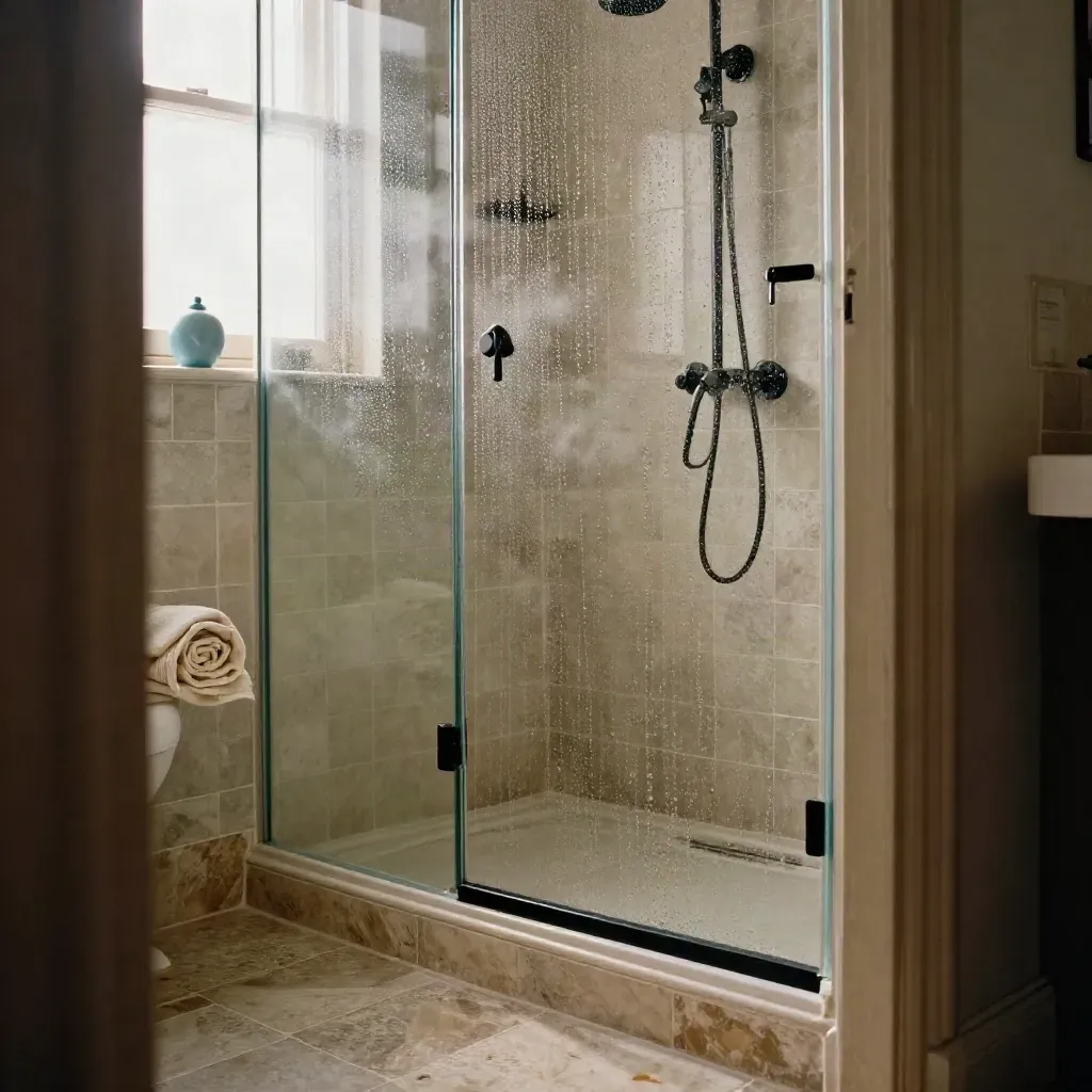 Salle de bain terminée avec douche vitrée, zellige clair, robinetterie noire et vapeur douce.
