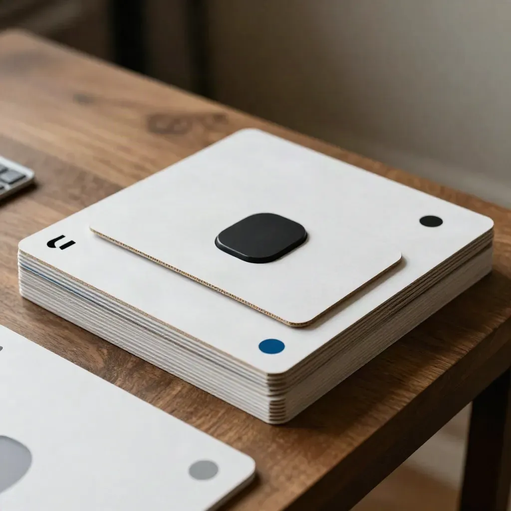 Maquettes d’interface en carton blanc, pastilles colorées et pavé tactile noir sur surface mate.