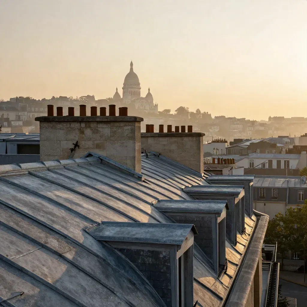 Toits en zinc de Paris, Sacré-Cœur lointain dans la brume dorée du matin