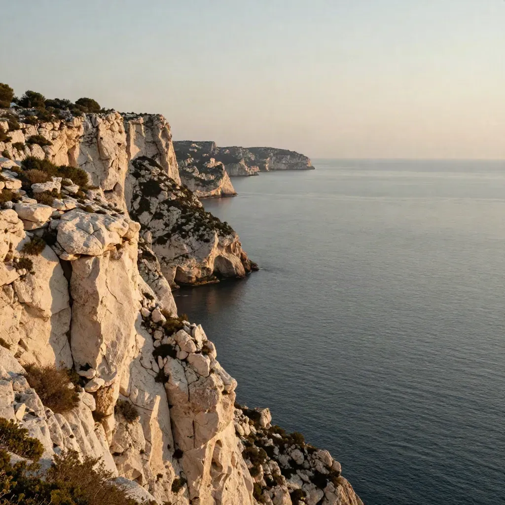 Falaises calcaires des calanques sur mer calme, côte lointaine dans une lumière dorée.