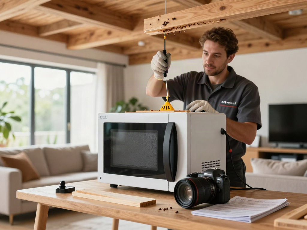 Traitement des vers à bois avec Shashel® dans un salon moderne, démontrant une solution efficace.