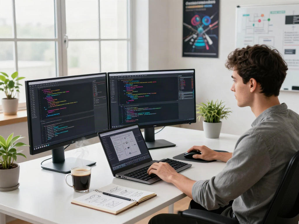 Développeur utilisant Atlas pro ontv dans un bureau moderne avec plusieurs écrans et notes inspirantes.
